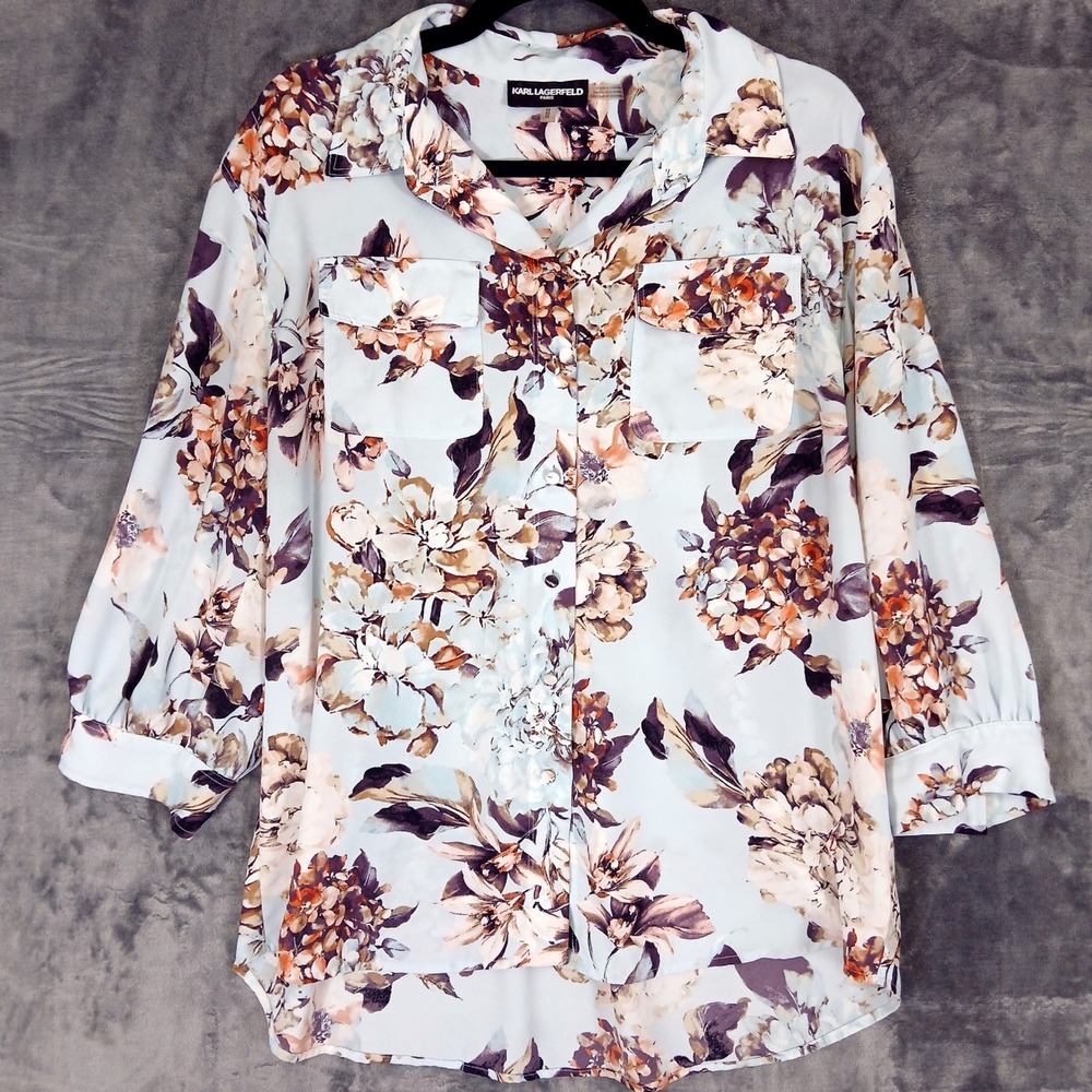 KARL LAGERFELD PARIS Women's Light Blue Floral Print Button Up‎ Shirt Blouse M